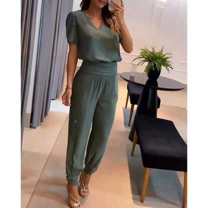 Women's set - Chic - V-neck blouse and elastic pants - Ideal for everyday wear