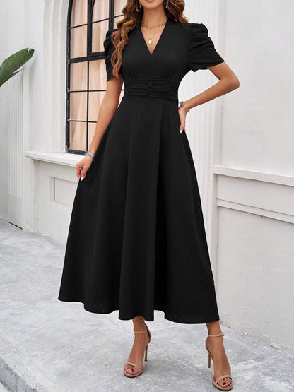 LD Midi cocktail dress with gathered waist, flared sleeves and puff sleeves