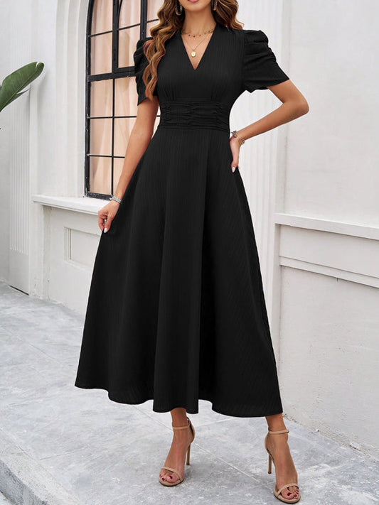 LD Midi cocktail dress with gathered waist, flared sleeves and puff sleeves