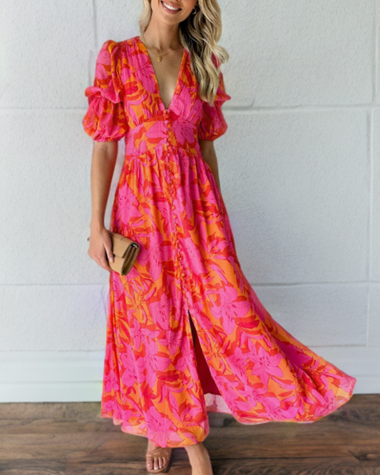 Mc | Elegant dress with puff sleeves and deep V-print.