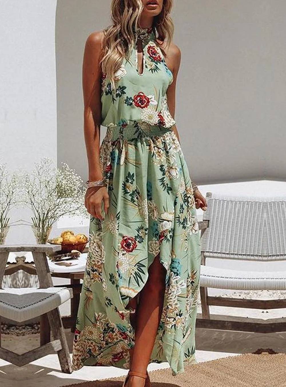 Mc | Green dress with floral print and fashionable round neckline