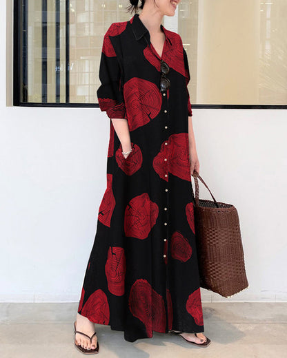 Mc | Printed linen long-sleeved maxi wide dress
