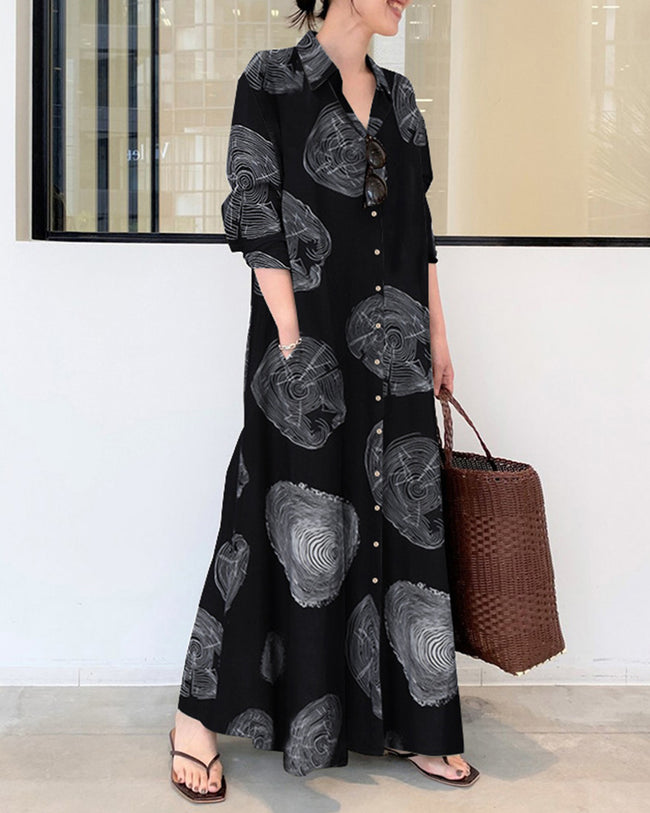LP | Printed linen dress with long sleeves with wide long dress