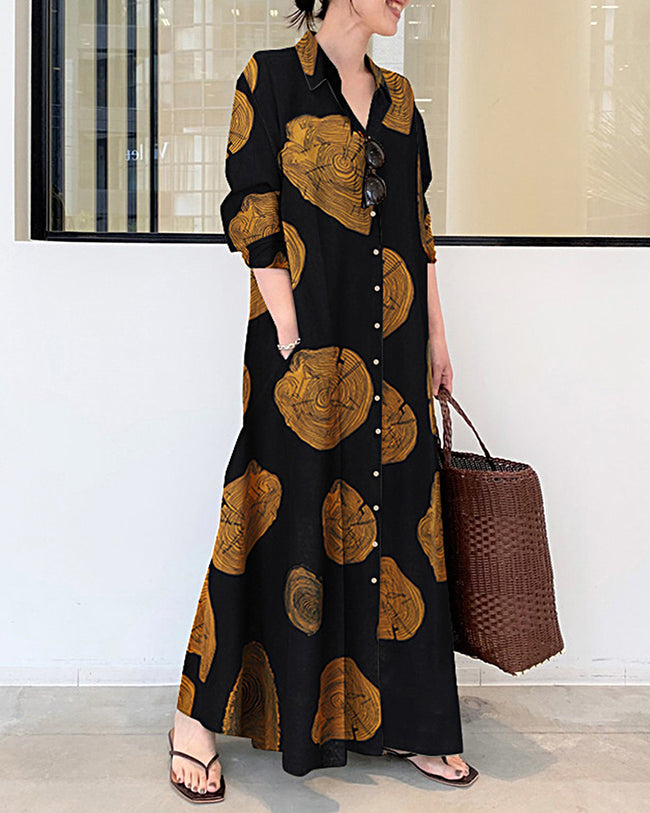 LP | Printed linen dress with long sleeves with wide long dress