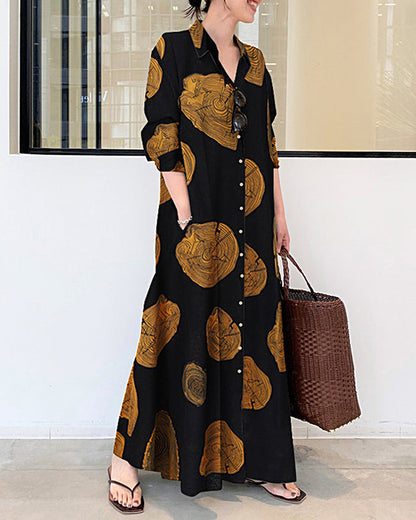 Mc | Printed linen long-sleeved maxi wide dress
