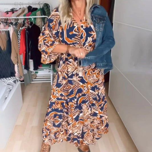 LD Long dress with print and classic neckline