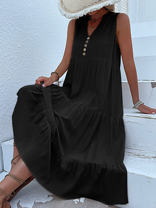 Casual plain unbuttoned midi sundress for women