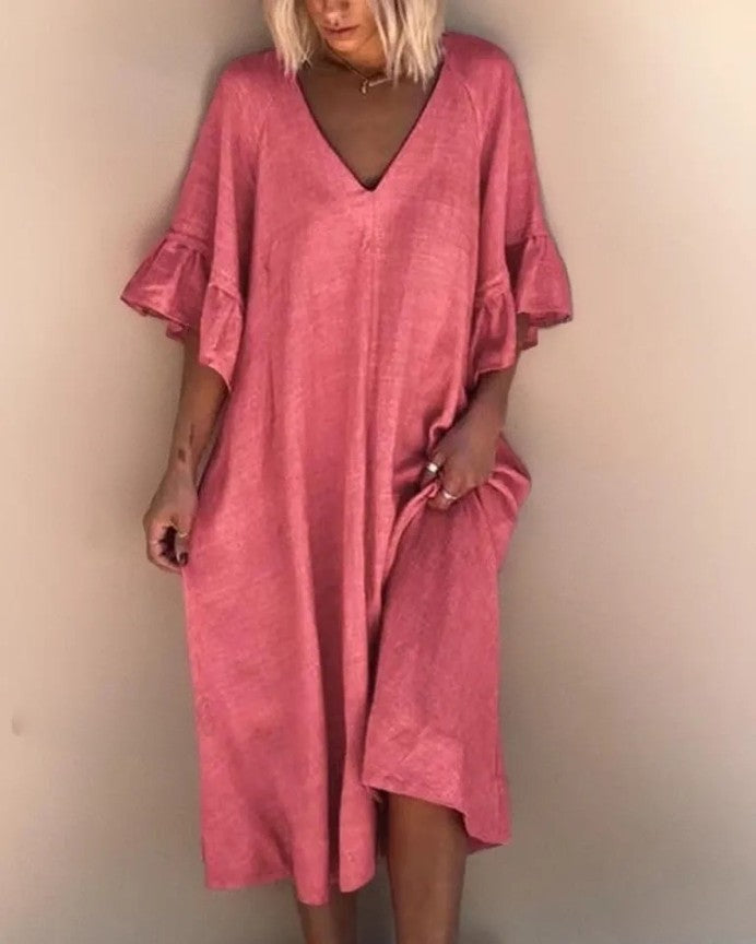 LP | Elegant V-neck dress, loosely sewn, single-color