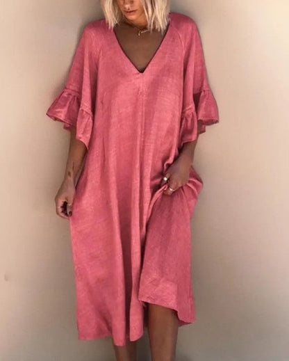 LP | Elegant V-neck dress, loosely sewn, single-color