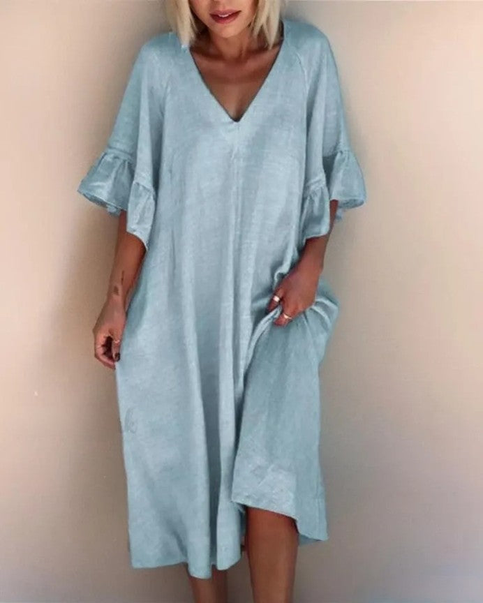 LP | Elegant V-neck dress, loosely sewn, single-color