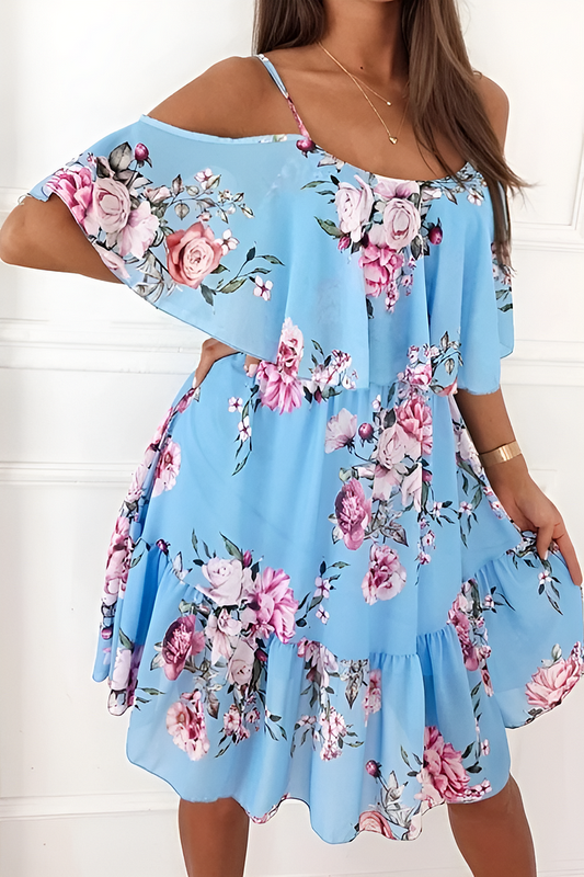 Mc | Strapless chiffon dress with off-the-shoulder print