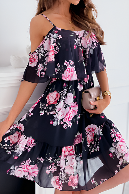 Mc | Strapless chiffon dress with off-the-shoulder print