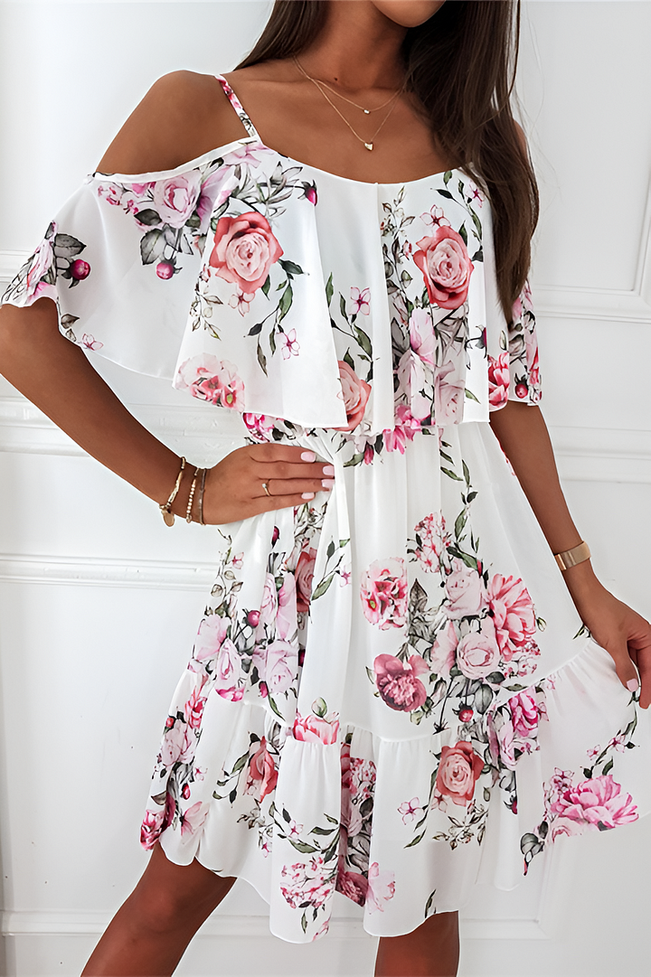 Mc | Strapless chiffon dress with off-the-shoulder print