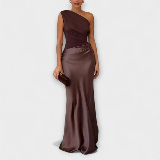 Pleated maxi dress with an elegant off-the-shoulder design.