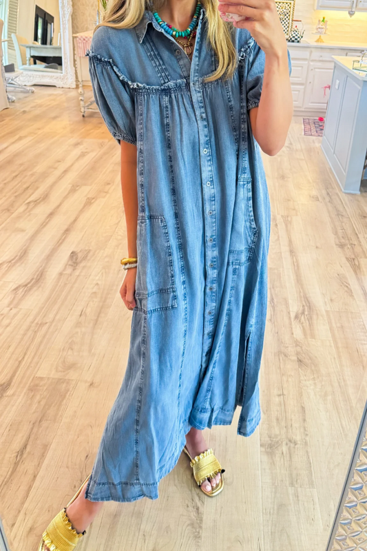 LD Long party dress with puff sleeves and front closure
