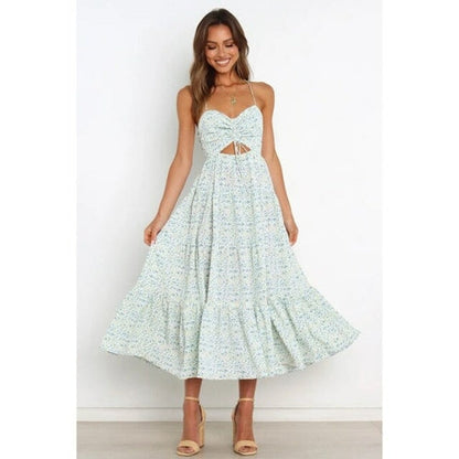 Long dress with floral print and thin straps for a fresh look