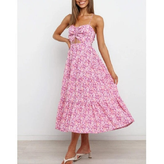 Long dress with floral print and thin straps for a fresh look