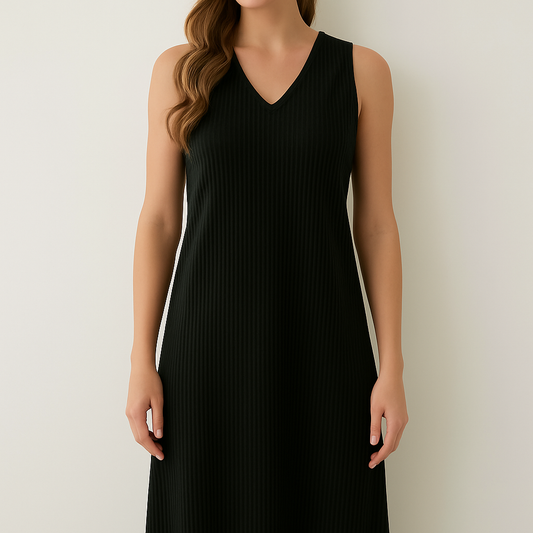 Lightweight pleated long dress with V-neck and narrow straps, loose fit