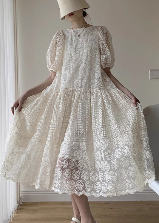 LP | Patchwork lace long dress with ruffles and puff sleeves