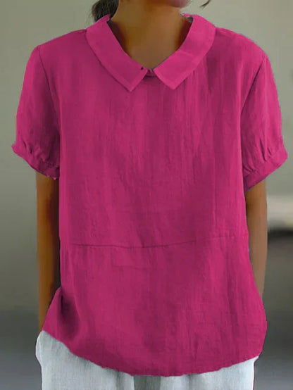 Women's airy linen blouse, short sleeves, bubon collar