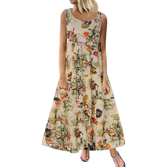 LP | Jocoo Jolee Bohemian Maxi Dress Women Casual Vintage Sleeveless O Neck Floral Print Loose Long Dress Oversized Beach Sundress