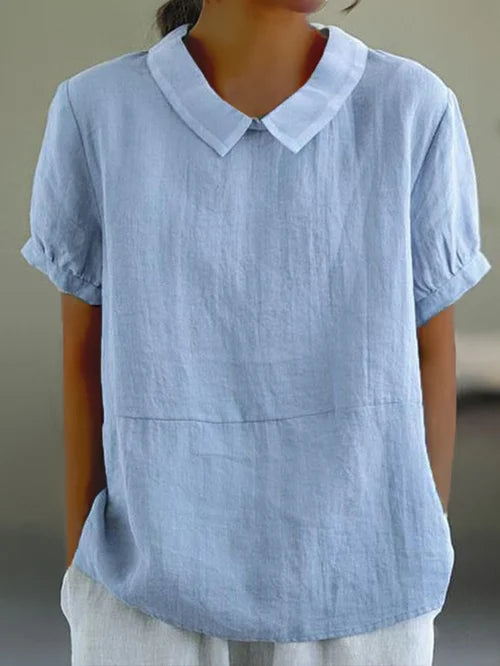 Women's airy linen blouse, short sleeves, bubon collar