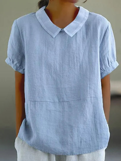 Women's airy linen blouse, short sleeves, bubon collar