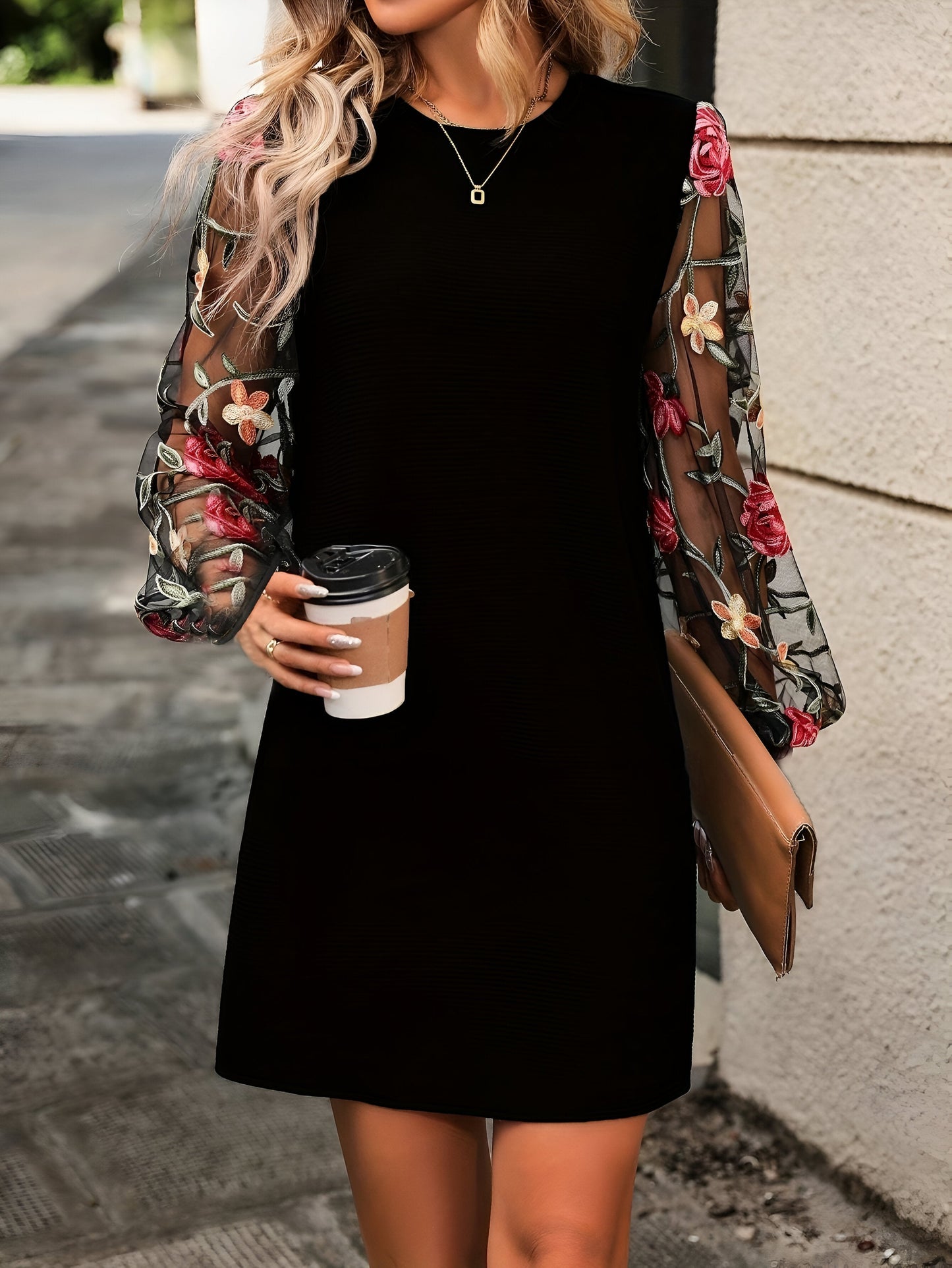 Mc | Elegant black dress with patchwork lace and floral embroidery