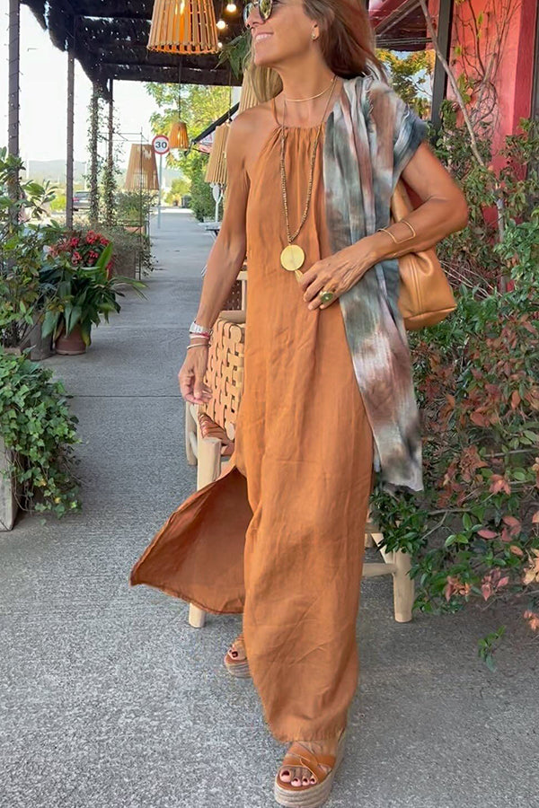 LP | Long dress with high neck in linen blend fabric