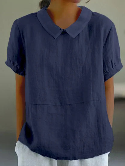 Women's airy linen blouse, short sleeves, bubon collar