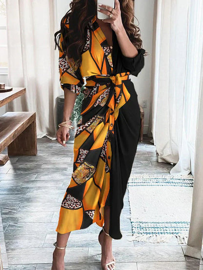 Mc | Elegant casual dress with V-neck and waist belt