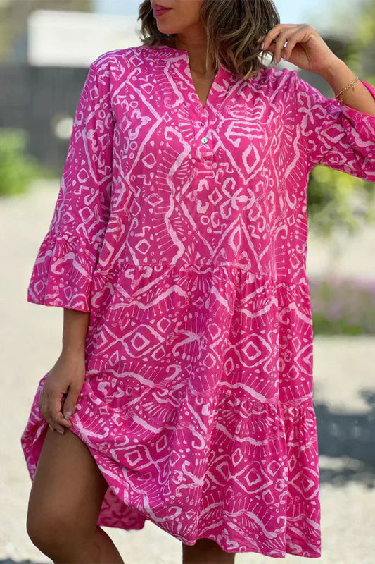 LP | Casual dress with geometric print and buttons, V-neck, tartan skirt