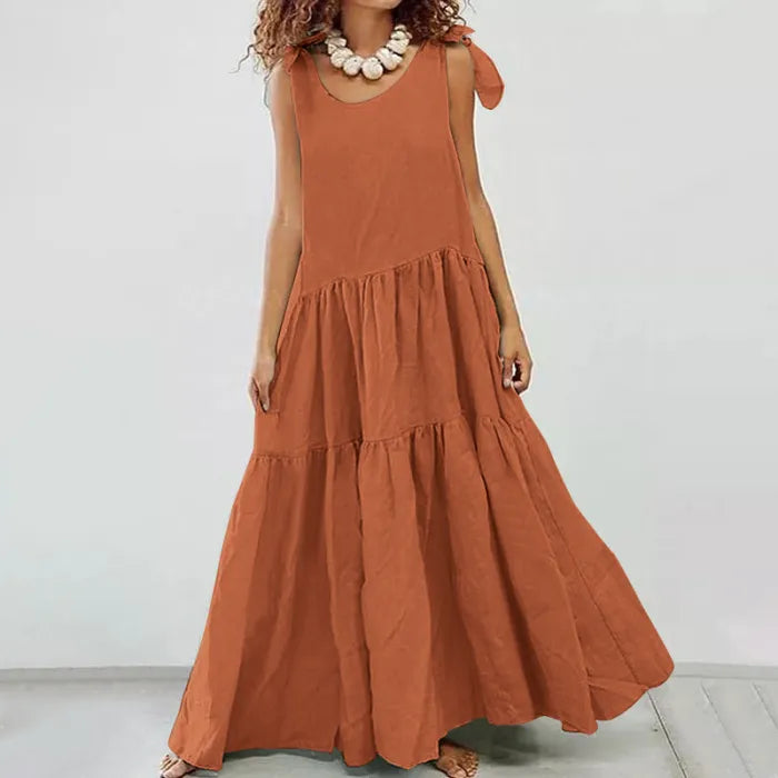 Mc | casual maxi dress with ruffle and plain lace-up cardigan