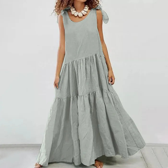 Mc | casual maxi dress with ruffle and plain lace-up cardigan