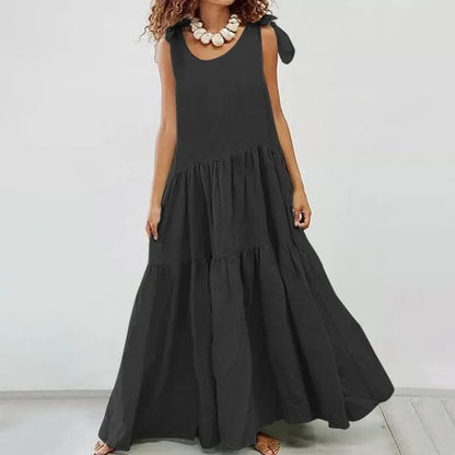 Mc | casual maxi dress with ruffle and plain lace-up cardigan