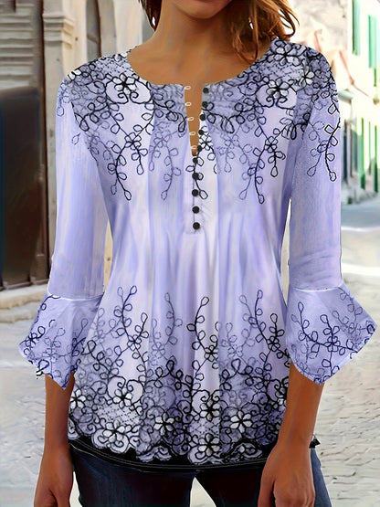 Floral print blouse with buttons - Half-flared sleeves and relaxed fit