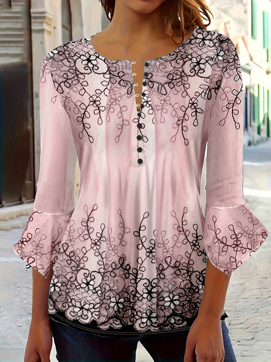 Floral print blouse with buttons - Half-flared sleeves and relaxed fit
