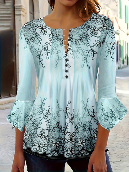 Floral print blouse with buttons - Half-flared sleeves and relaxed fit