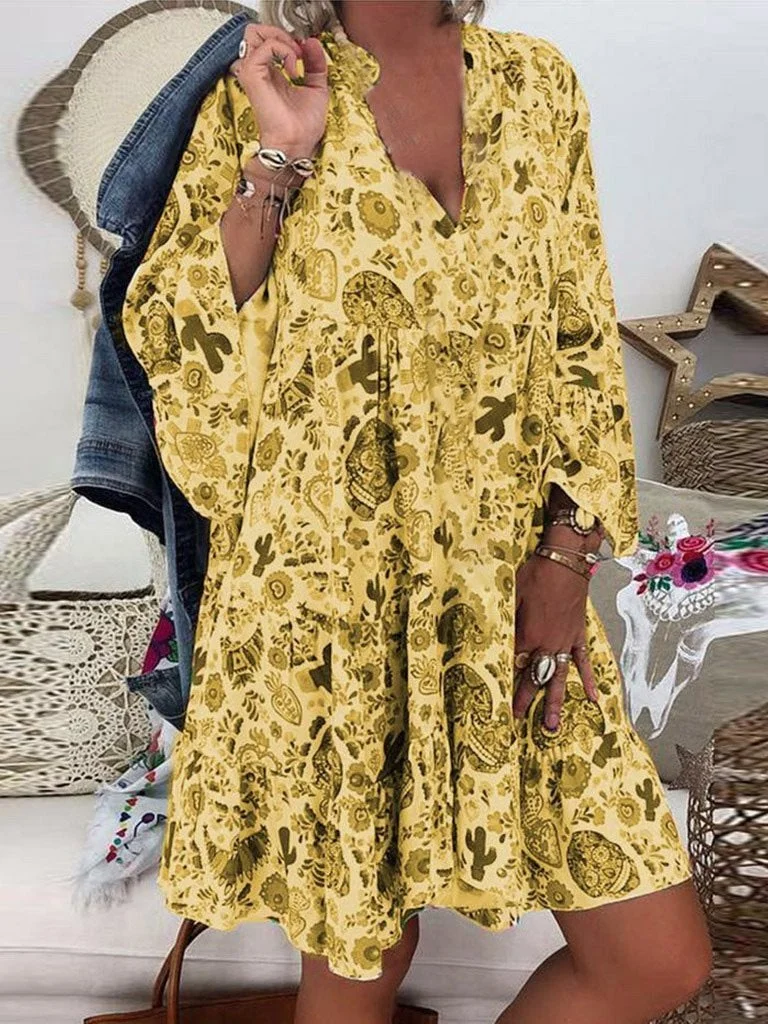 LP | Printed midi dress with 3/4 sleeves and V-neck by Fashionmigo