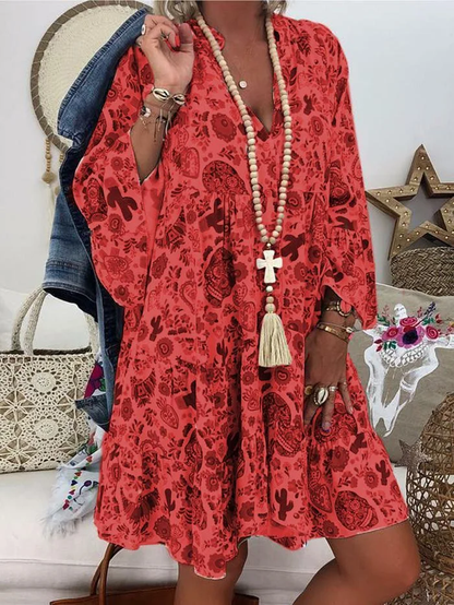 LP | Printed midi dress with 3/4 sleeves and V-neck by Fashionmigo