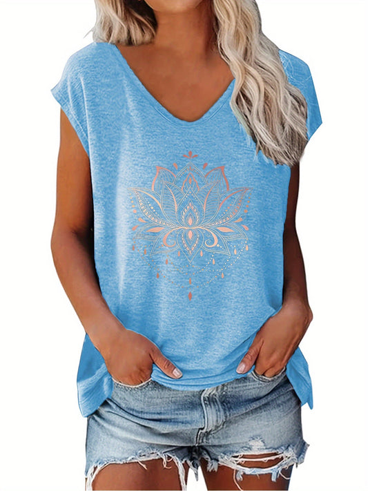 Lotus print T-shirt - V-neck and casual short sleeves