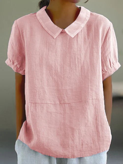 Women's airy linen blouse, short sleeves, bubon collar