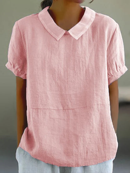 Women's airy linen blouse, short sleeves, bubon collar