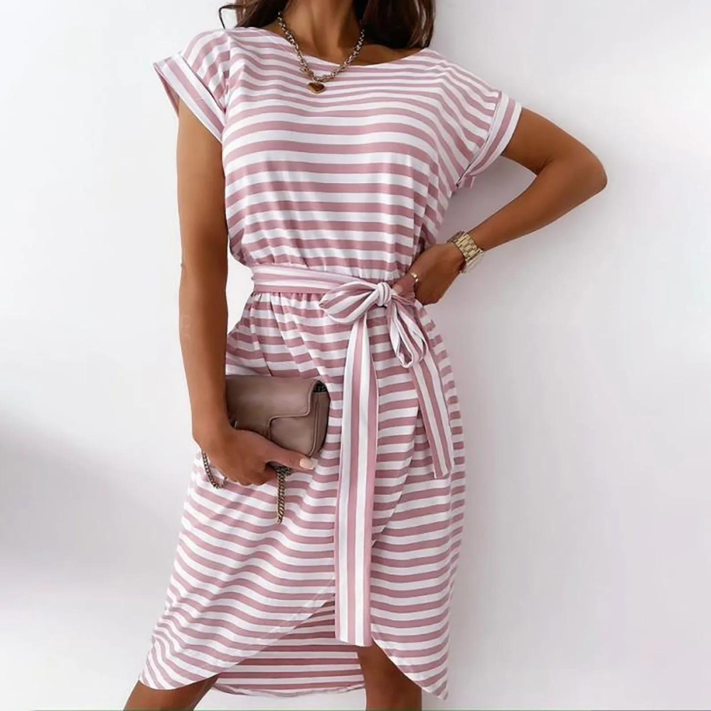 Mc | Casual striped dress with fabric belt