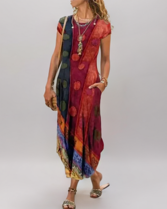 Norra - Casual tribal print dress with pocket and rounded hem