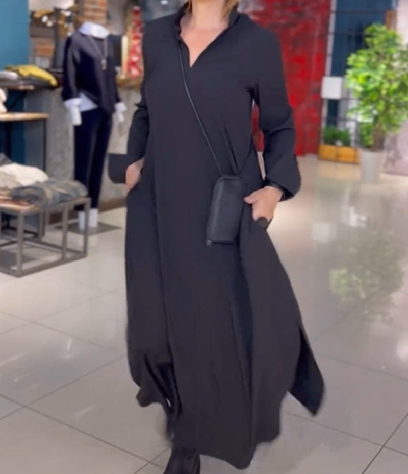 Mc | casual monochromatic dresses with v-neck and long sleeves