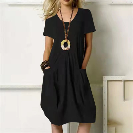 Mc | Helena - Layered dress with wide round neckline and short sleeves