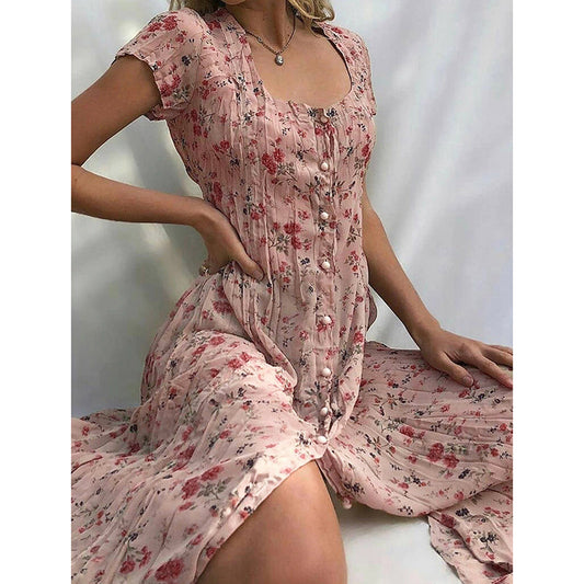 Popular fashionable floral dress with buttons