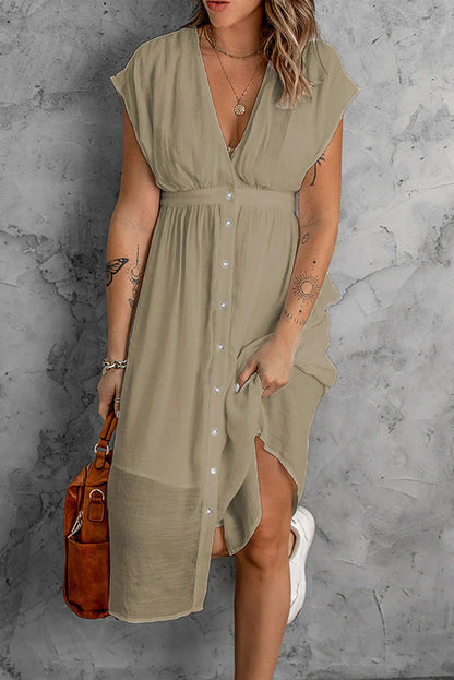 plain ladies dress with deep V-sleeves