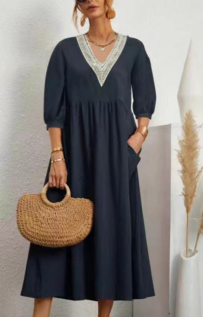 LP | Cotton-linen dress with V-neck, wide sleeves and lace